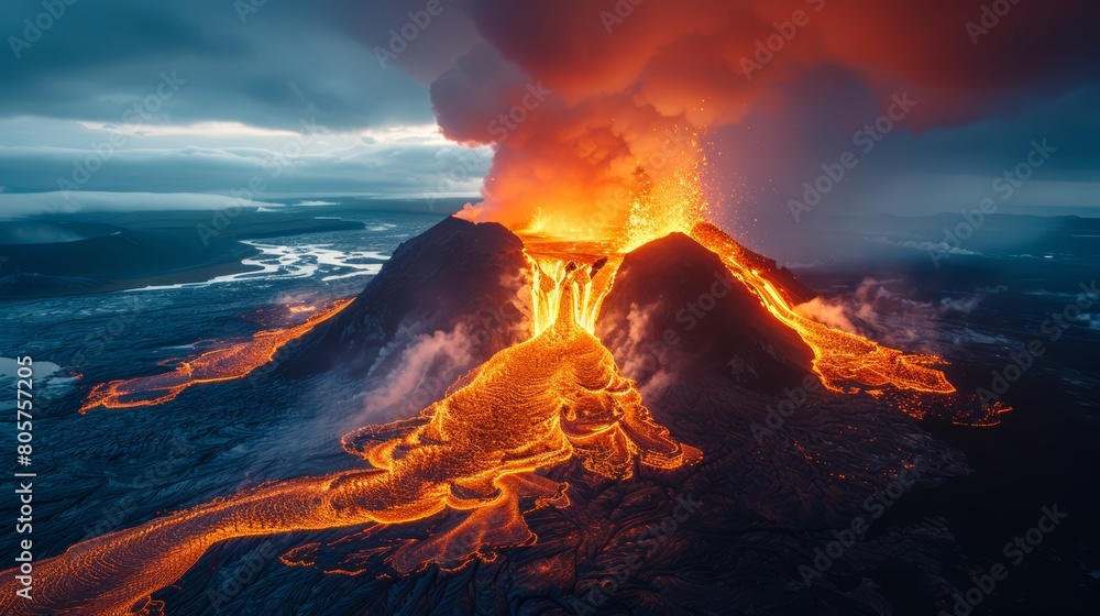 Volcanic eruption with rivers of hot caramel flowing from its peak