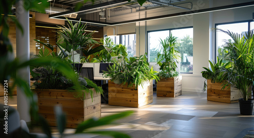 A modern office space with wooden furniture and green plants  featuring an indoor garden in the corner of one wall. The room has large windows that flood it with natural light