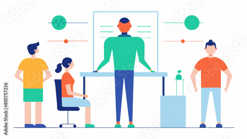 A posture assessment station where workshop attendees can identify their problem areas and learn specific exercises to target them.. Vector illustration