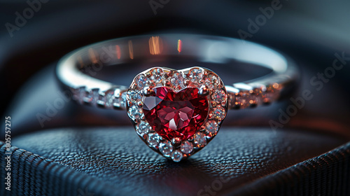 A heart-shaped ring box containing an engagement ring is elegantly depicted, showcasing imitated material for a luxurious aesthetic. The intricate detailing of the box enhances the presentation