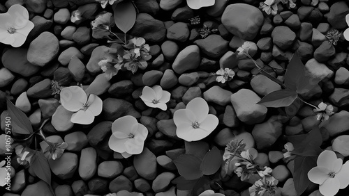 Dark Stones and Flowers. Dark featuring captivating stones and delicate flowers in shades of background. dark color stones and white flower background image for any kind of graphic