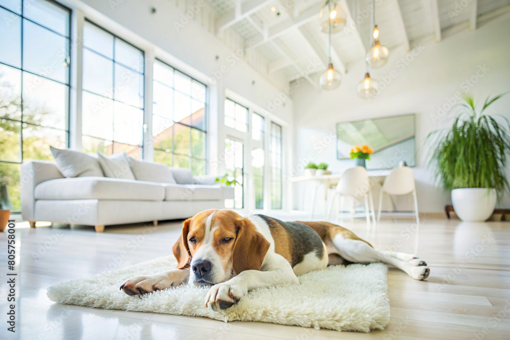Beautiful white interior house with modern design and Beagle dog sleeping. Beautiful white interior house with modern design and Beagle dog sleeping.