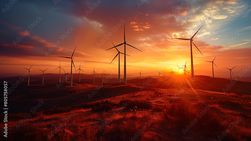 Obraz premium Majestic view of a wind farm silhouetted against a fiery sunset sky, with wind turbines spread across a rolling hillside.