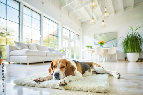 Beautiful white interior house with modern design and Beagle dog sleeping. © James