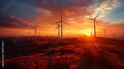 Majestic view of a wind farm silhouetted against a fiery sunset sky, with wind turbines spread across a rolling hillside.