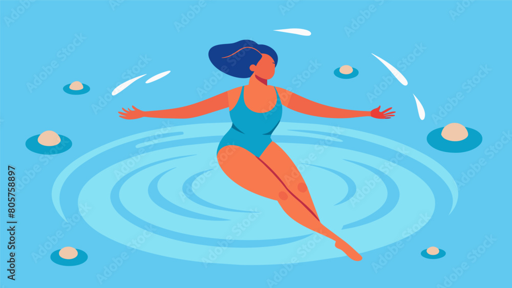 A woman floating on her back and performing arm circles in the warm pool feeling the stress melt away as she focuses on her breathing and gentle. Vector illustration