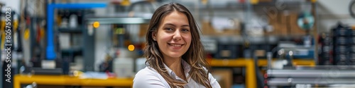 Portrait of a young woman against the background of a workshop and tools.