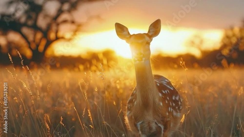 A deer stands in a field of tall grass, looking at the camera 4K motion