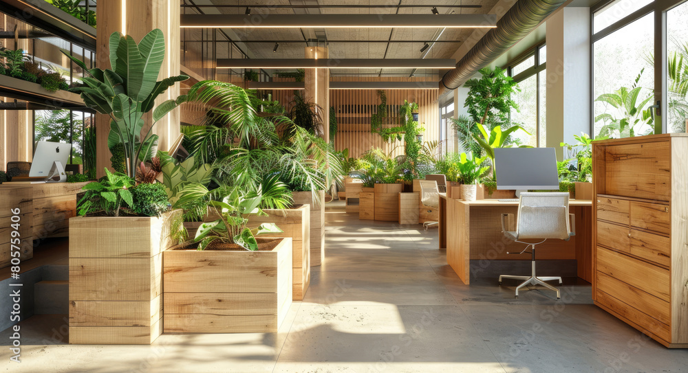 A modern office space with wooden furniture and green plants, featuring an indoor garden in the corner of one wall. The room has large windows that flood it with natural light