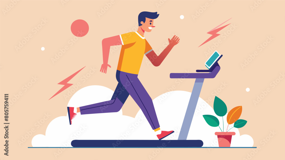 Fototapeta premium A man running on a treadmill using exercise as a form of therapy to cope with symptoms of anxiety.. Vector illustration