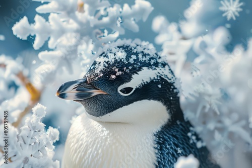 A penguin by delicate snowflakes
