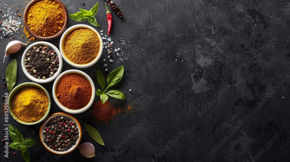 Various spices displayed in small bowls, showcasing a colorful array of seasonings Various spices displayed in small bowls, showcasing a colorful array of seasonings