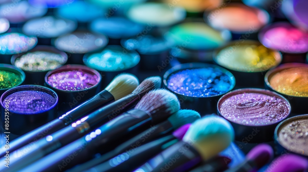 Vibrant makeup brushes spread out in close proximity filling the frame Vibrant makeup brushes spread out in close proximity filling the frame