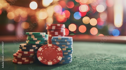 Colorful stacks of casino chips arranged on a vibrant green poker table photo