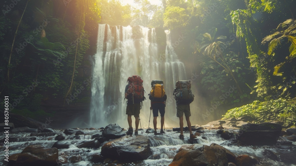 A group of individuals, hikers, standing together in front of a grand waterfall A group of individuals, hikers, standing together in front of a grand waterfall