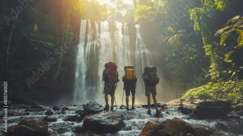 Fototapeta Naklejka Na Ścianę i Meble -  A group of individuals, hikers, standing together in front of a grand waterfall