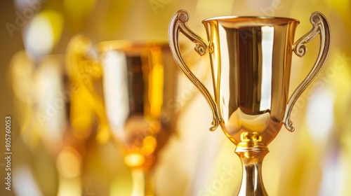 Three trophies displayed on a table, symbolizing achievement and success photo