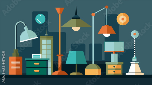An eclectic assortment of lamps ranging from modern to antique provide ambient lighting throughout the office.. Vector illustration