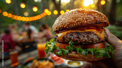 A hand-held gourmet burger against a backdrop of a lively outdoor party. 