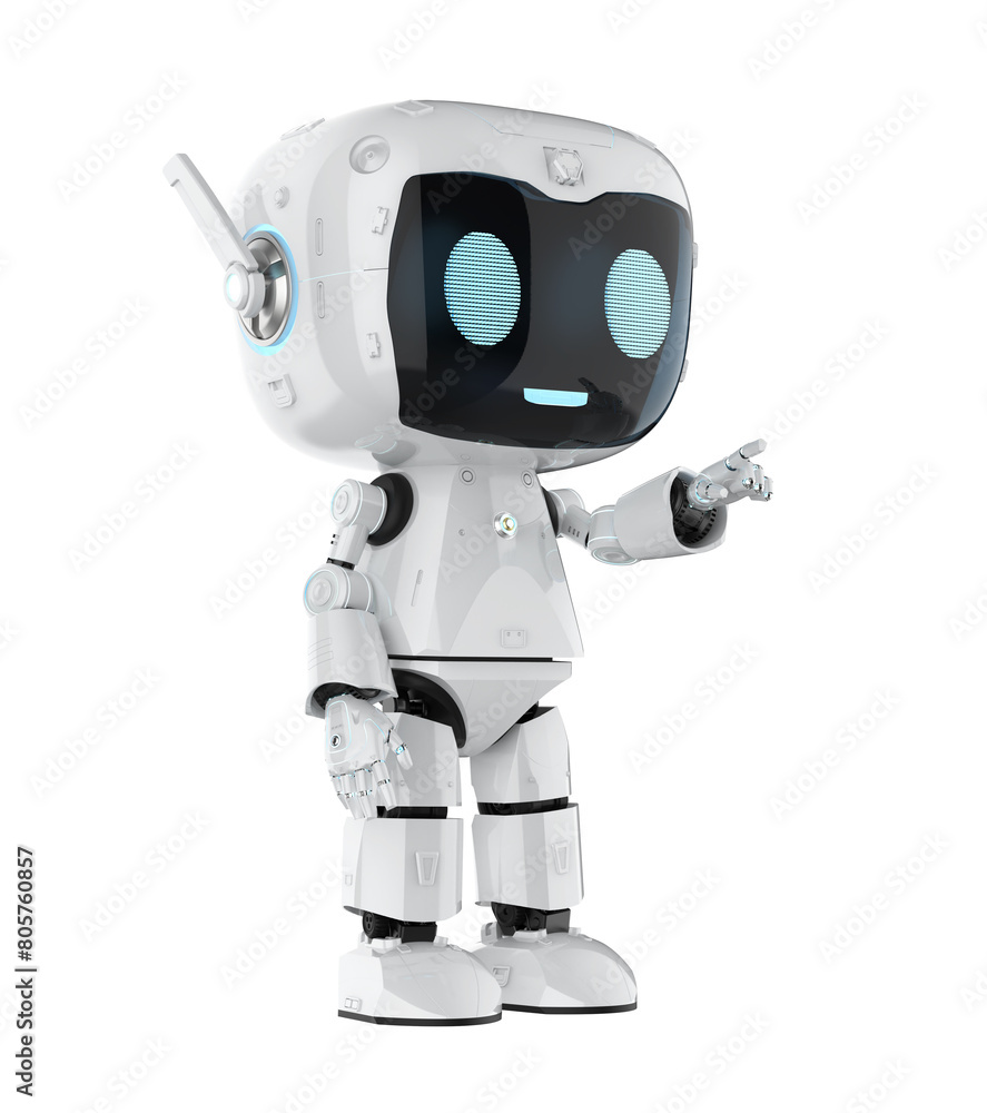 Cute and small artificial intelligence personal assistant robot finger point isolated Cute and small artificial intelligence personal assistant robot finger point isolated