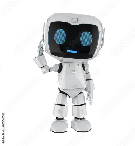 Cute and small artificial intelligence personal assistant robot finger point isolated