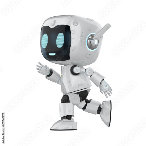 Cute and small artificial intelligence personal assistant robot walk isolated