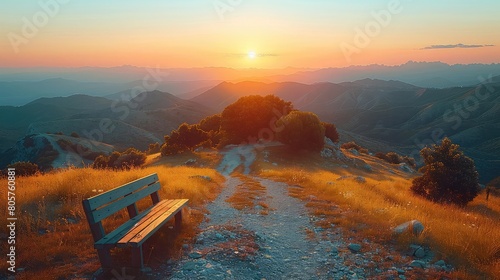 Create a beautiful landscape image of a mountain range at sunset photo