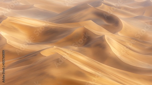 An abstract aerial view of a desert, with dunes creating undulating patterns of light and shadow, the simplicity of the forms suggesting a serene, almost otherworldly landscape.  photo