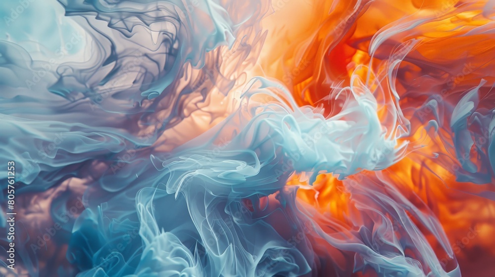 the depths of abstract artistry with waves of orange, blanc, and blue, swirling and converging in a mesmerizing display of color and movement,