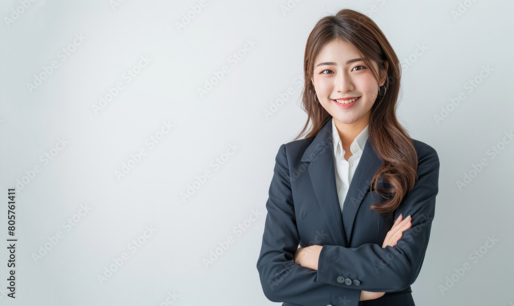 A female manager, dressed in a business suit with her arms crossed, smiles and looks at the camera against a white background. A female manager, dressed in a business suit with her arms crossed, smiles and looks at the camera against a white background.