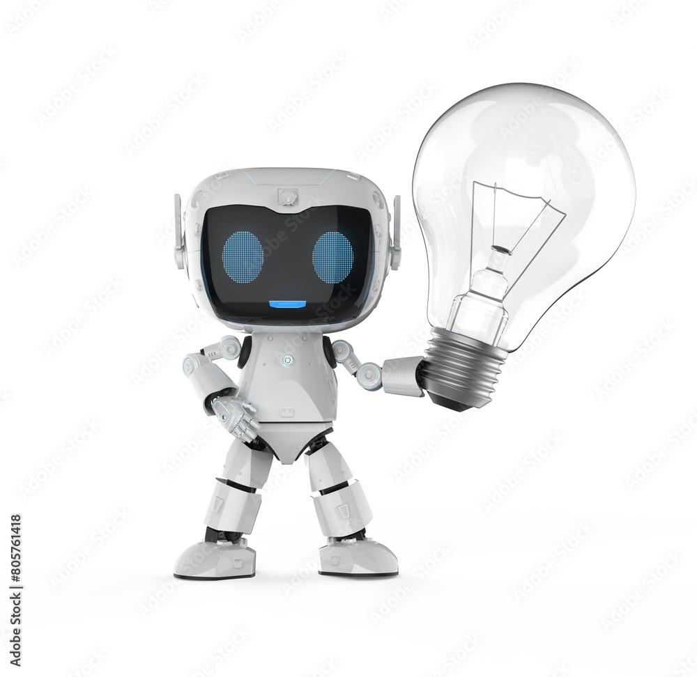 Personal assistant robot hold lightbulb for creativity concept Personal assistant robot hold lightbulb for creativity concept
