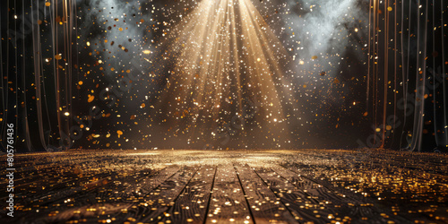 Gold confetti falls on an empty stage with light beams and a spotlight shining down on the floor.
