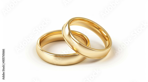 A pair of gold wedding rings in isolation on a white background, in a minimalist style.