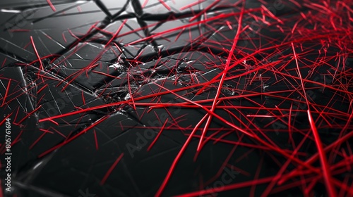 An abstract composition of scattered, thin red lines against a glossy black background,capturing the fragility and randomness of nature. 