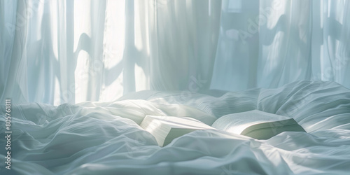 An open book on the bed is bathed in sunlight shining through the window, creating soft shadows, with white curtains in the background.