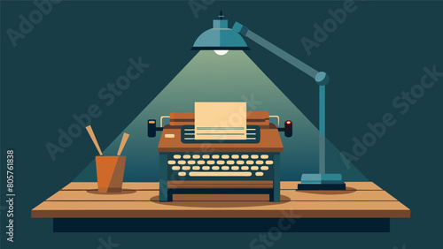 A vintage typewriter perched on a wooden desk its keys glowing in the soft light of a reading lamp inviting artistic inspiration.. Vector illustration