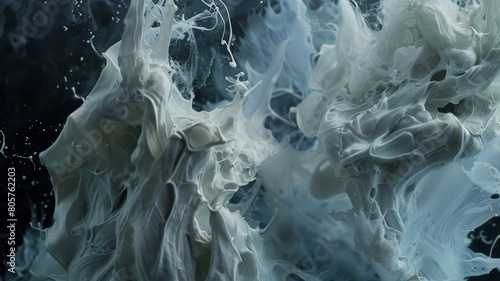 the enigmatic world of abstract art as wisps of white paint swirl and mingle on a dark canvas photo