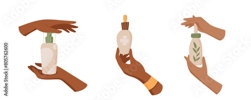 Hand holds antiaging moisturizing hygiene pack set, colorful organic cosmetic oil jar, isolated eco hair care product bottle, flat trendy skincare cream tube, vector illustration.