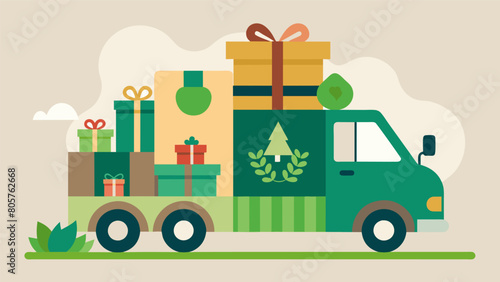 A retroinspired gift wrapping truck offering ecoconscious options like recycled paper bows soybased ink stamps and compostable gift bags.. Vector illustration