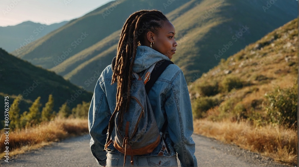 Naklejka premium Young positive African American woman with a tourist backpack stands on top of a rock in the mountains, travels and enjoys a beautiful view of the mountains. Untouched nature. Tourism and travel. 