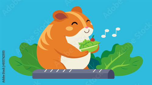 A shy guinea pig happily munches on lettuce as an AIbased device detects her contentment and switches to a soundtrack of soothing classical piano. Vector illustration