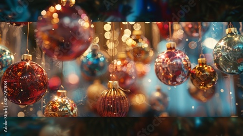 the merry ambiance of Christmas with a captivating scene of ornaments hanging gracefully against a blurred background