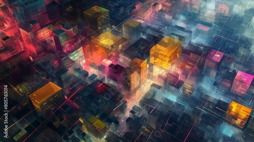 An abstract representation of a city at night  with blocks of color suggesting buildings and streaks of light mimicking the bustling streets  combining to form a vibrant  urban tapestry. 