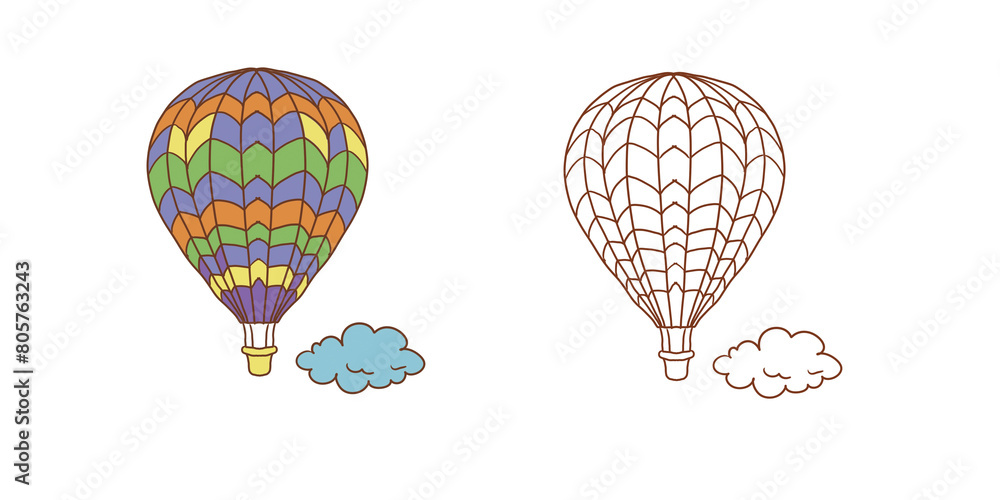Obraz premium Balloons travel sky transport graphics hand drawn coloring clouds nature dreams lightness on a white background set