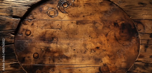 An aged, rustic wooden table surface, its history told through the myriad of dark coffee ring stains, each telling a story of mornings past, against a soft, morning light backdrop. photo