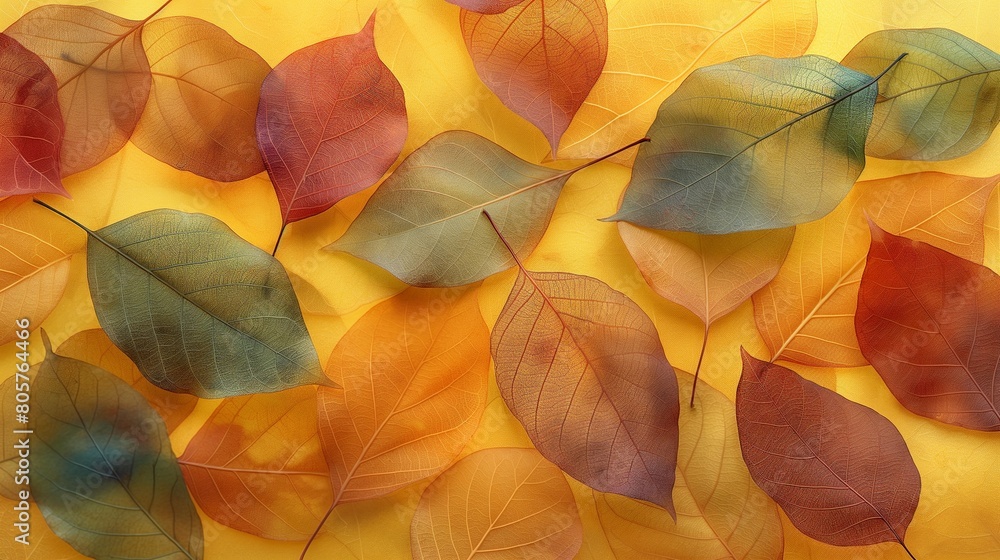 An array of autumn leaves, their outlines blurred into a vibrant, impressionistic pattern of fall colors, set against a warm background, evoking the essence of the season in an abstract form. 
