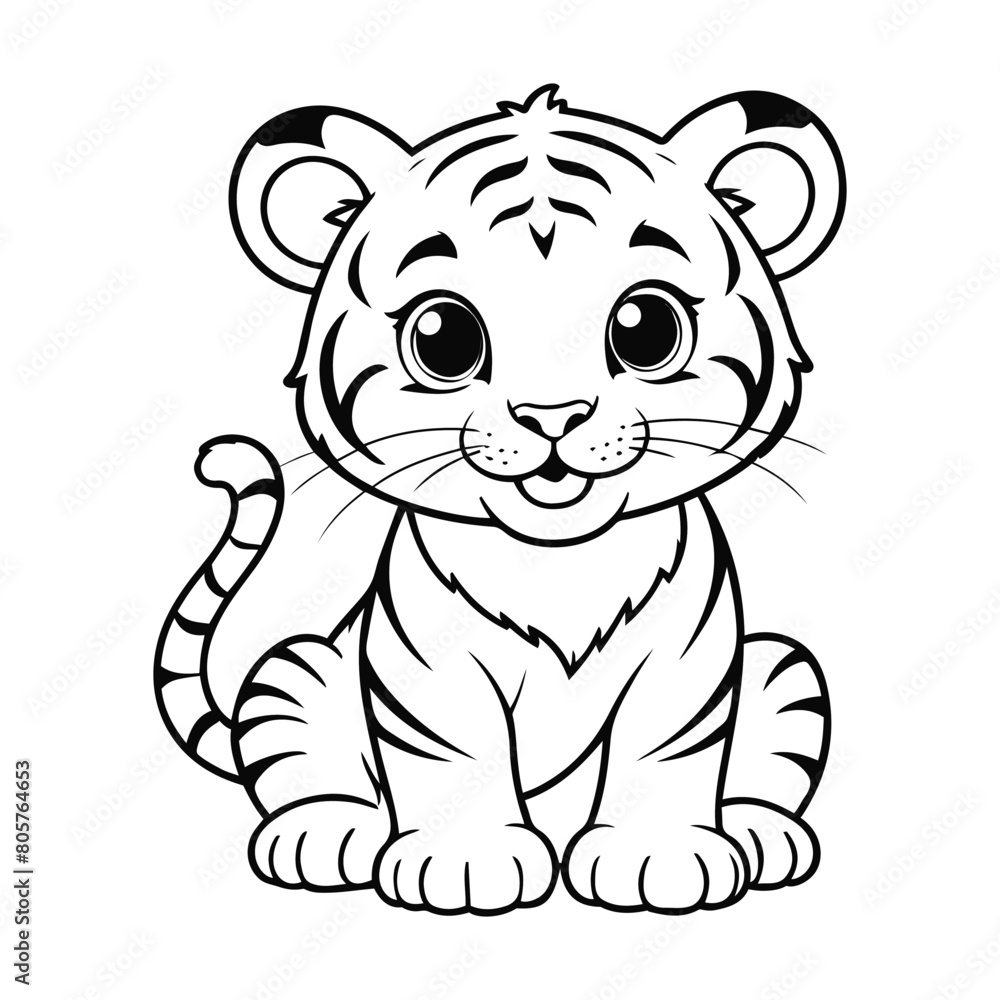Naklejka premium Hand sketch baby tiger happily sitting line art vector illustration