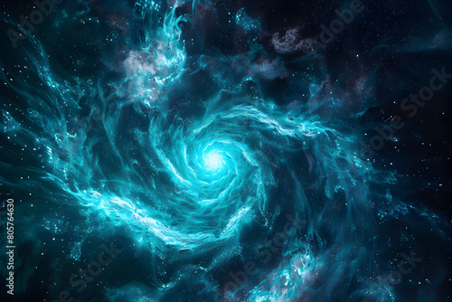 Mesmerizing cosmic scene with blue and teal neon swirls in abstract galaxy. Stunning art on black background.