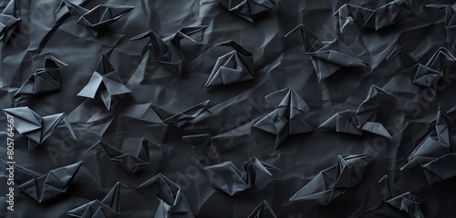 An array of delicate, black origami figures, each meticulously folded, arrayed against a rich, dark background, showcasing the art of paper folding in a sophisticated, monochromatic display.  photo