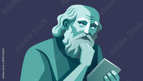 A stone statue of a philosopher with a furrowed brow deep in thought with a book clutched in his hands.. Vector illustration